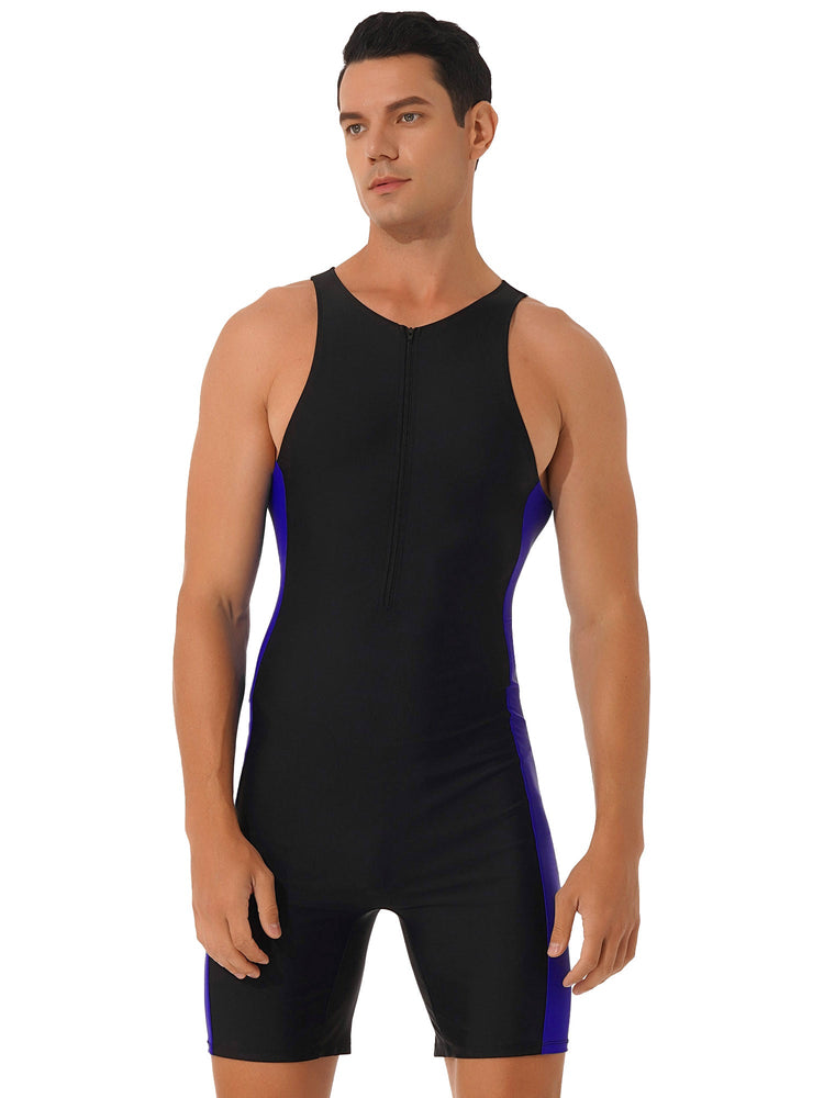 Mens Swimwear One-piece Wetsuit Swimming Bathing Suit Round Neck Sleeveless Side Shorts Bodysuit Triathlon Front Zipper Swimsuit ShedPoundsPortal