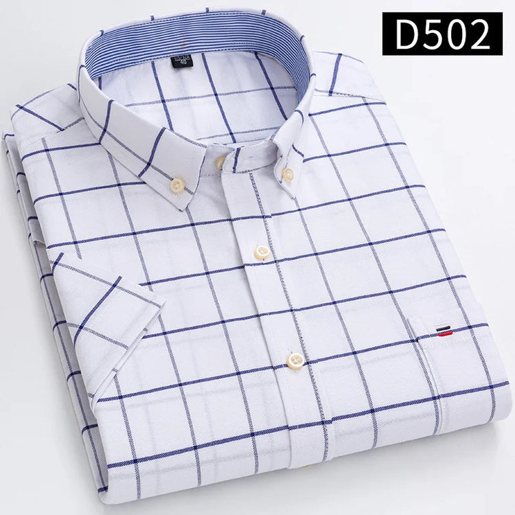 Branded Cotton Shirts for Men Short Sleeve Summer Plus Size Plaid Shirt Striped Male Shirt Business Casual White New Regular Fit ShedPoundsPortal