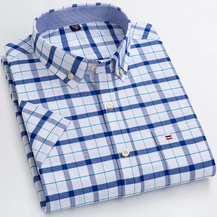 Branded Cotton Shirts for Men Short Sleeve Summer Plus Size Plaid Shirt Striped Male Shirt Business Casual White New Regular Fit ShedPoundsPortal