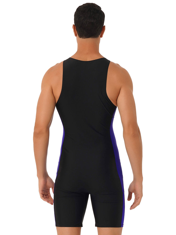 Mens Swimwear One-piece Wetsuit Swimming Bathing Suit Round Neck Sleeveless Side Shorts Bodysuit Triathlon Front Zipper Swimsuit ShedPoundsPortal