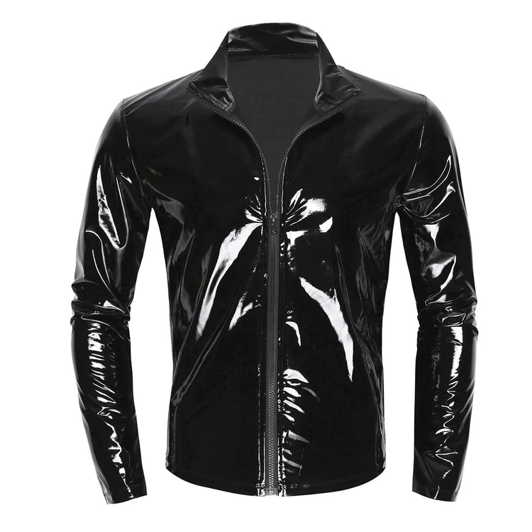 Men Wet Look Patent Leather Coat Long Sleeve Front-Zip Shiny Metallic Tops Fashion Man&