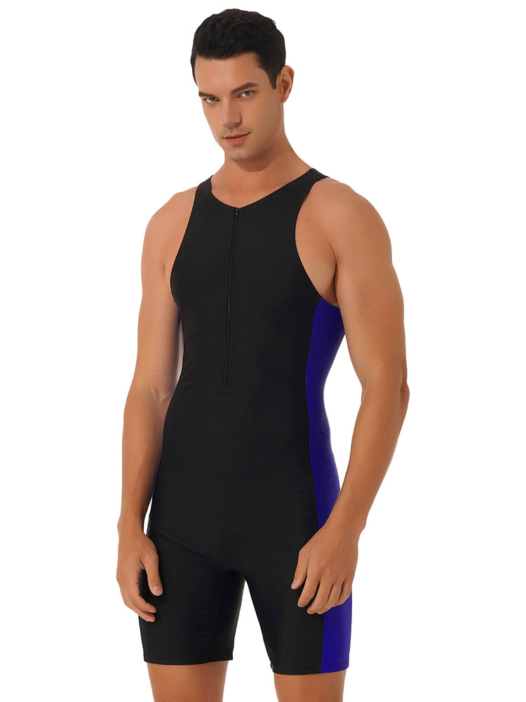 Mens Swimwear One-piece Wetsuit Swimming Bathing Suit Round Neck Sleeveless Side Shorts Bodysuit Triathlon Front Zipper Swimsuit ShedPoundsPortal
