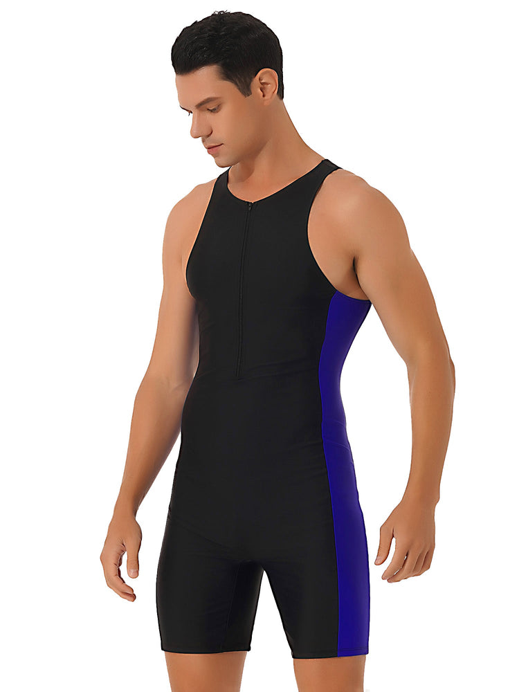 Mens Swimwear One-piece Wetsuit Swimming Bathing Suit Round Neck Sleeveless Side Shorts Bodysuit Triathlon Front Zipper Swimsuit ShedPoundsPortal