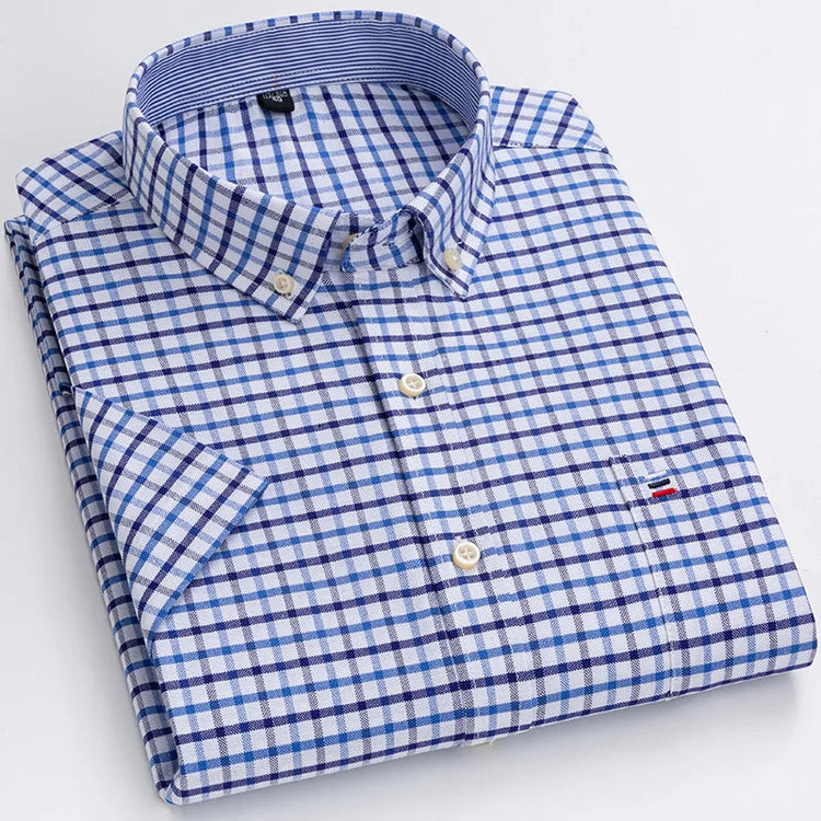 Branded Cotton Shirts for Men Short Sleeve Summer Plus Size Plaid Shirt Striped Male Shirt Business Casual White New Regular Fit ShedPoundsPortal