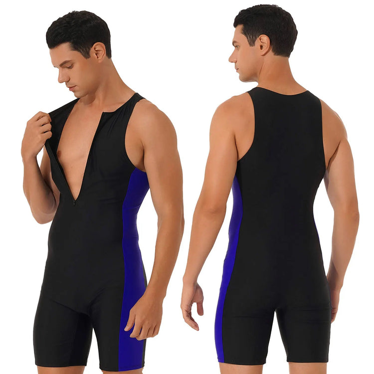 Men One-piece Swimwear Swimming Jumpsuit Patchwork Side Shorts Bodysuit Triathlon Wetsuit for Beach Pool Swimming Bathing Suit ShedPoundsPortal