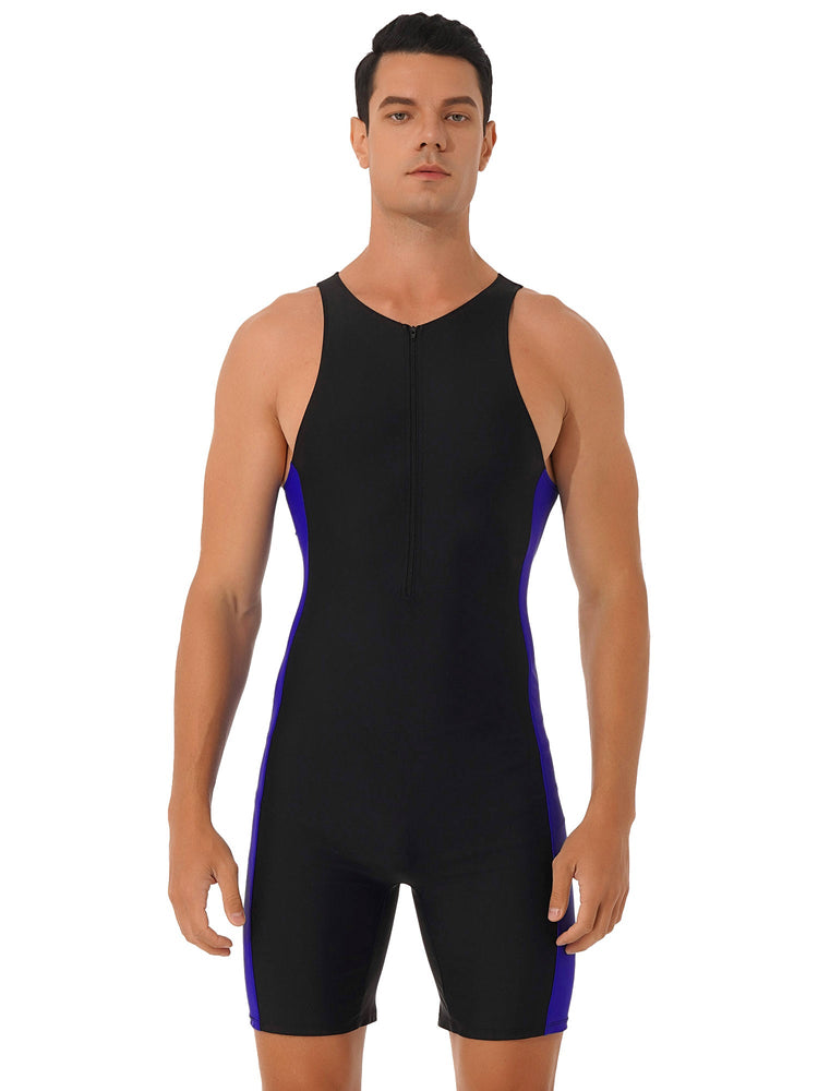 Mens Swimwear One-piece Wetsuit Swimming Bathing Suit Round Neck Sleeveless Side Shorts Bodysuit Triathlon Front Zipper Swimsuit ShedPoundsPortal