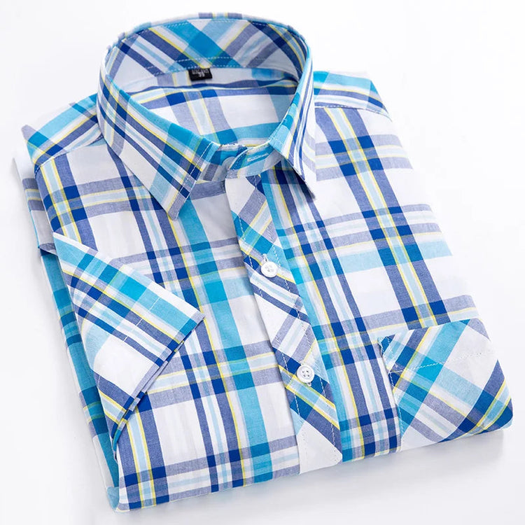 2025 Summer Cotton Plaid Short Sleeve Shirts For Men Plus Size Regular Fit Classic Young England Style Shirts Man&
