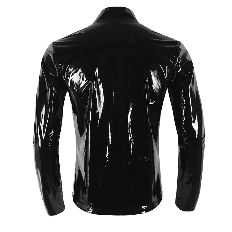 Men Wet Look Patent Leather Coat Long Sleeve Front-Zip Shiny Metallic Tops Fashion Man&