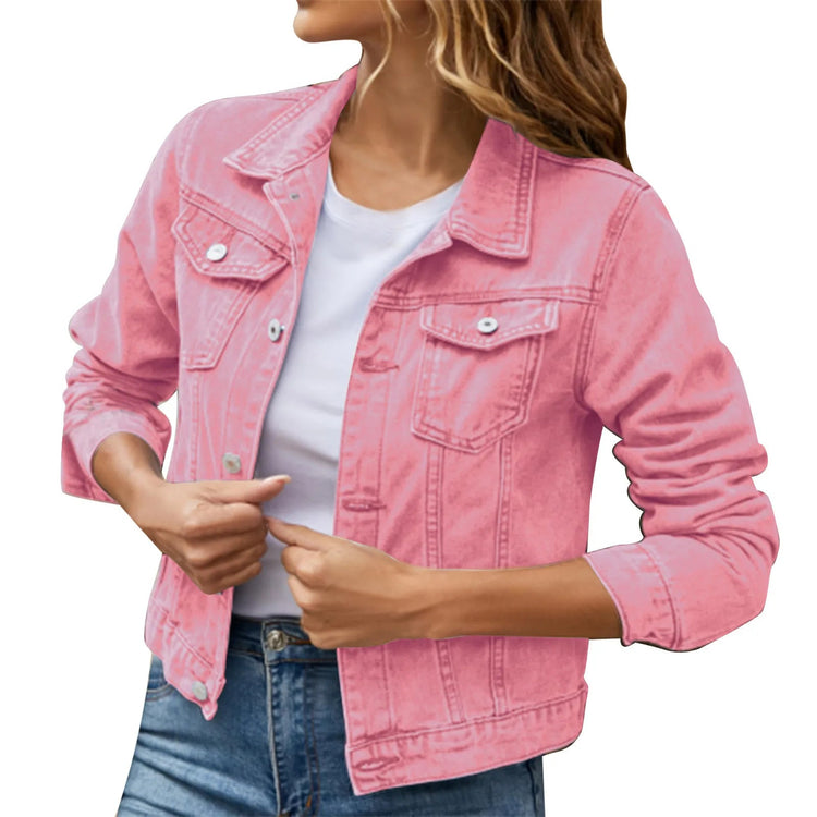 2025 Trend Womens Short Denim Jacket Classic Long Sleeve Boyfriend Jean Jacket Slim Fit Button Down Lapel Denim Coat Outwear ShedPoundsPortal