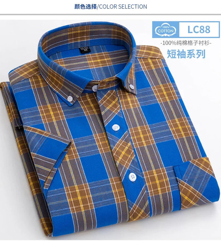 2025 Summer Cotton Plaid Short Sleeve Shirts For Men Plus Size Regular Fit Classic Young England Style Shirts Man&