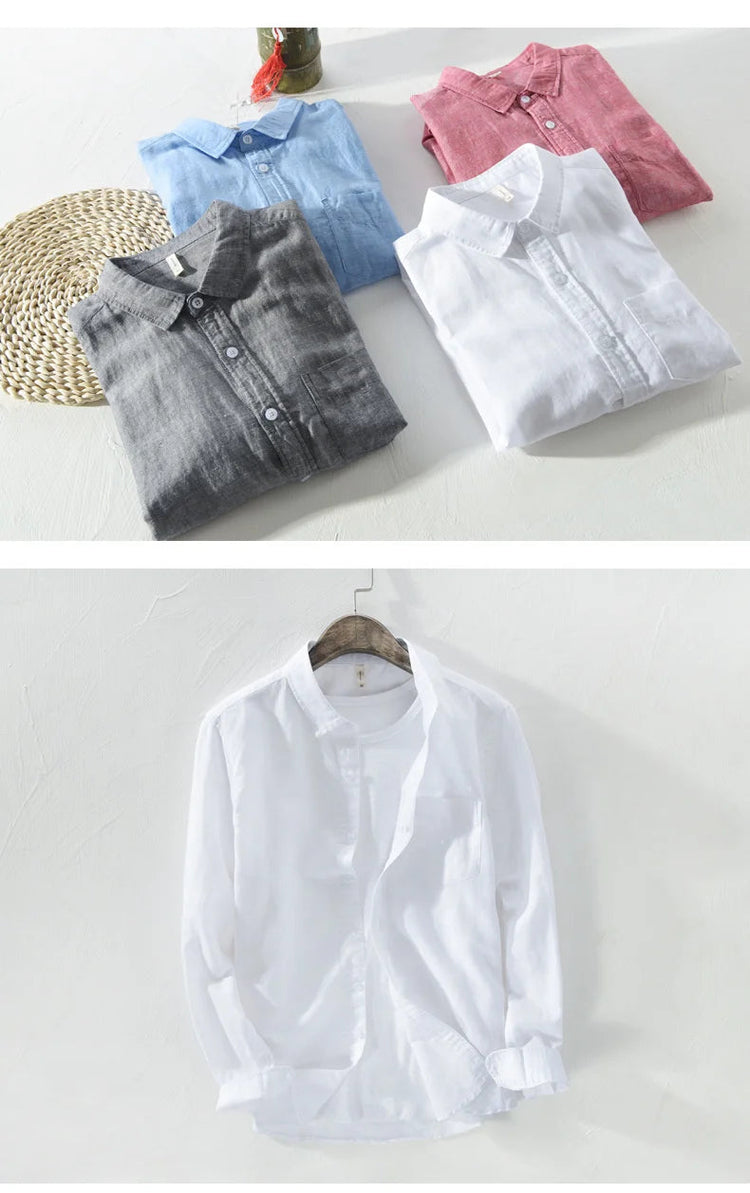 Mens Cotton Linen Shirt Breathable Casual Solid Colors Loose Turn-down Collar Long Sleeve Button Down Blouse Tops Shirts For Man ShedPoundsPortal