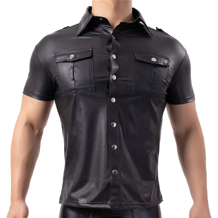 Mens Shirts Faux Leather T Shirts Nightclub Stage Costumes Short Sleeve Button Up Shirt PU Leather Latex Wetlook Dance Clubwear ShedPoundsPortal