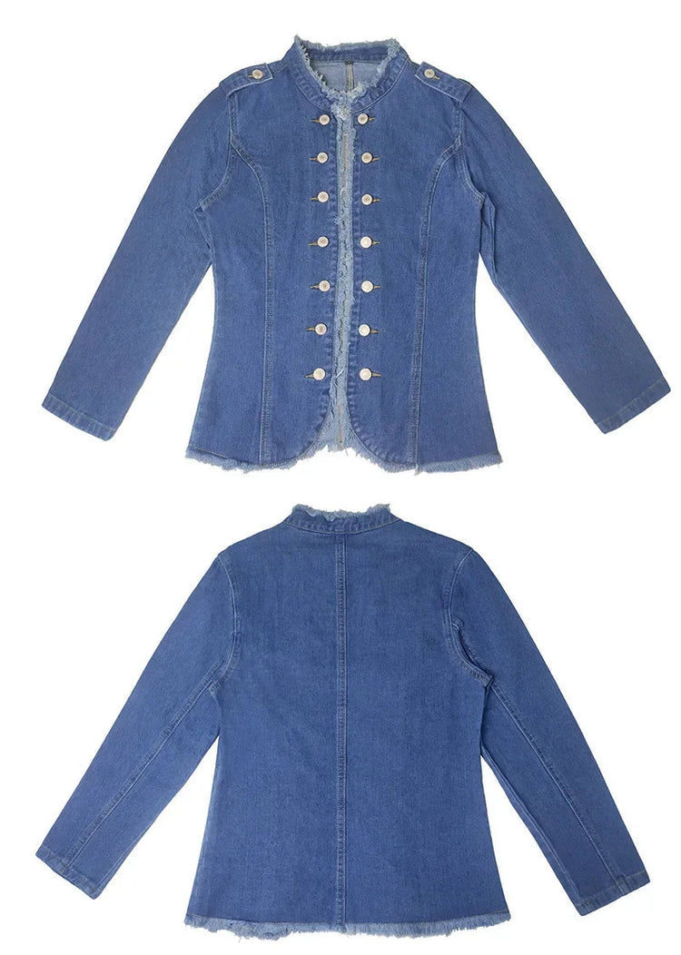 Short Jacket Denim Suit Coat Single-Breasted Stand-up Collar Thin Autumn Jackets Outwear Women Ripped ShedPoundsPortal
