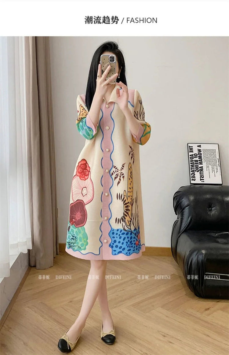 Womens Dresses Evening Dresses Beautiful Lssey Miyake Pleated Dress Summer new Fashion Lapel Loose Slim Long Print Fat mm Skirt ShedPoundsPortal