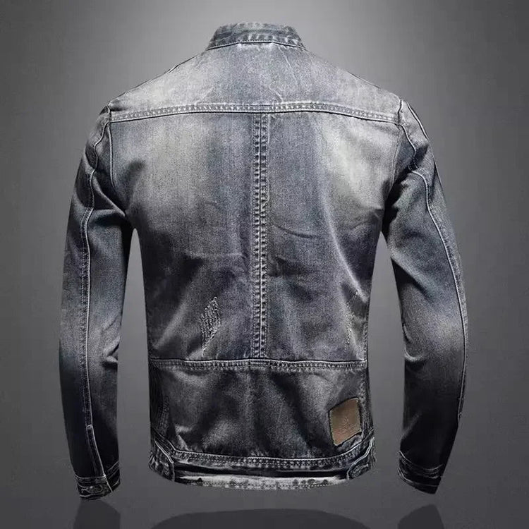 Trendy Stand Collar Zip-Uplapel Motorcycle Denim Jacket Unique Vintage Sports Top For Men Casual Trendy Brand Jacket ShedPoundsPortal
