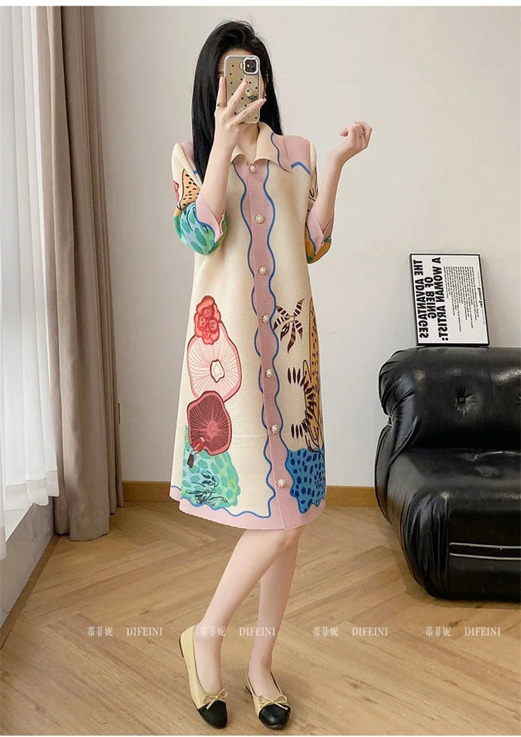 Womens Dresses Evening Dresses Beautiful Lssey Miyake Pleated Dress Summer new Fashion Lapel Loose Slim Long Print Fat mm Skirt ShedPoundsPortal