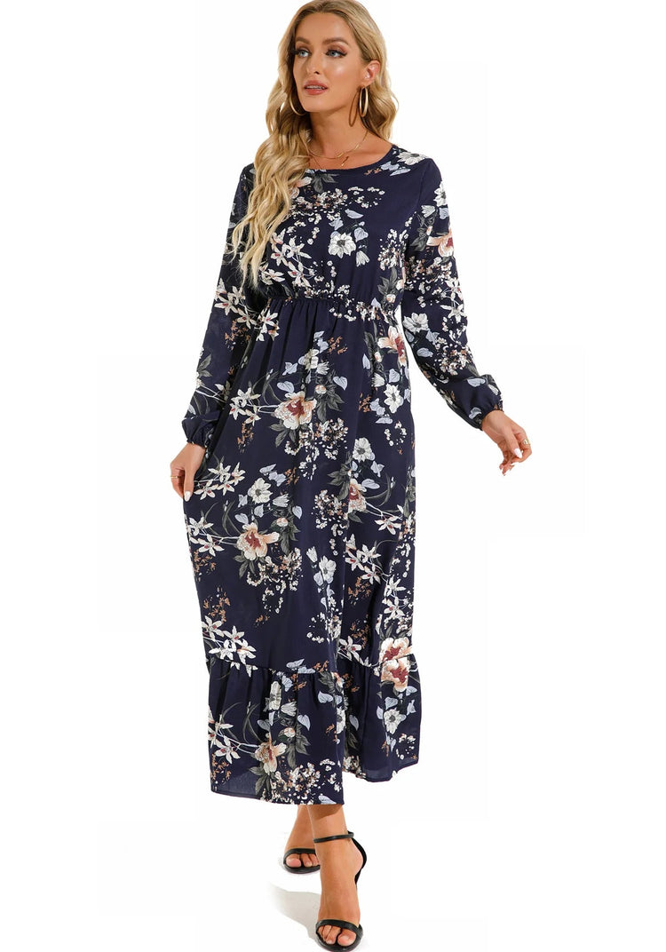 Women Eid Muslim Dresses Tight Waist O Neck Ruffles Spliced Casual Vestidos Flowers Dress Dubai Kaftan Islam Morocco Arab ShedPoundsPortal