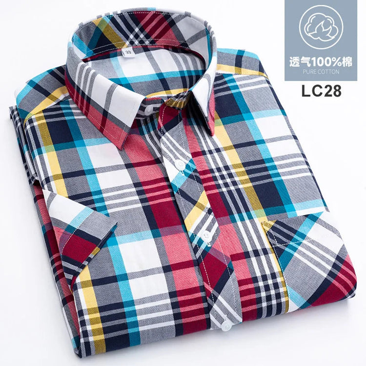2025 Summer Cotton Plaid Short Sleeve Shirts For Men Plus Size Regular Fit Classic Young England Style Shirts Man&