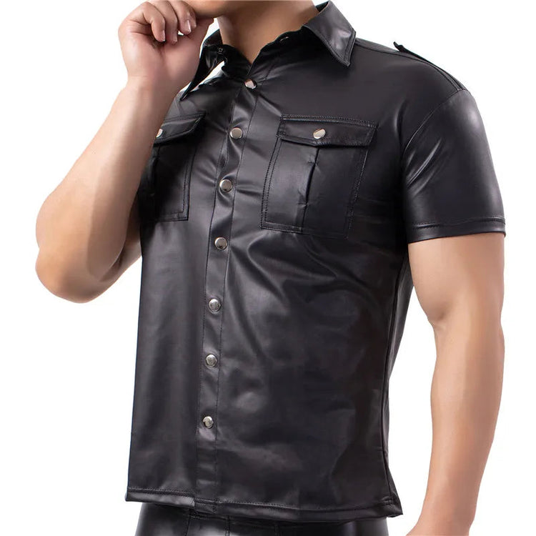 Mens Shirts Faux Leather T Shirts Nightclub Stage Costumes Short Sleeve Button Up Shirt PU Leather Latex Wetlook Dance Clubwear ShedPoundsPortal