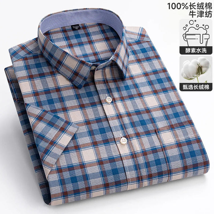 Cotton Fabric Breathable Men Oxford Short Sleeve Summer Plaid Striped Male Shirt Business Regular Fit Oversized Clothes ShedPoundsPortal