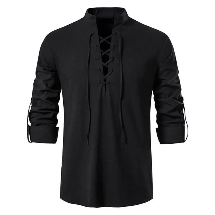 Shirt Cotton Linen Flax Tops Lace Up Long Sleeves Blouse Mens V Neck Medieval Costume Embroidery Tunic Casual Shirt ShedPoundsPortal