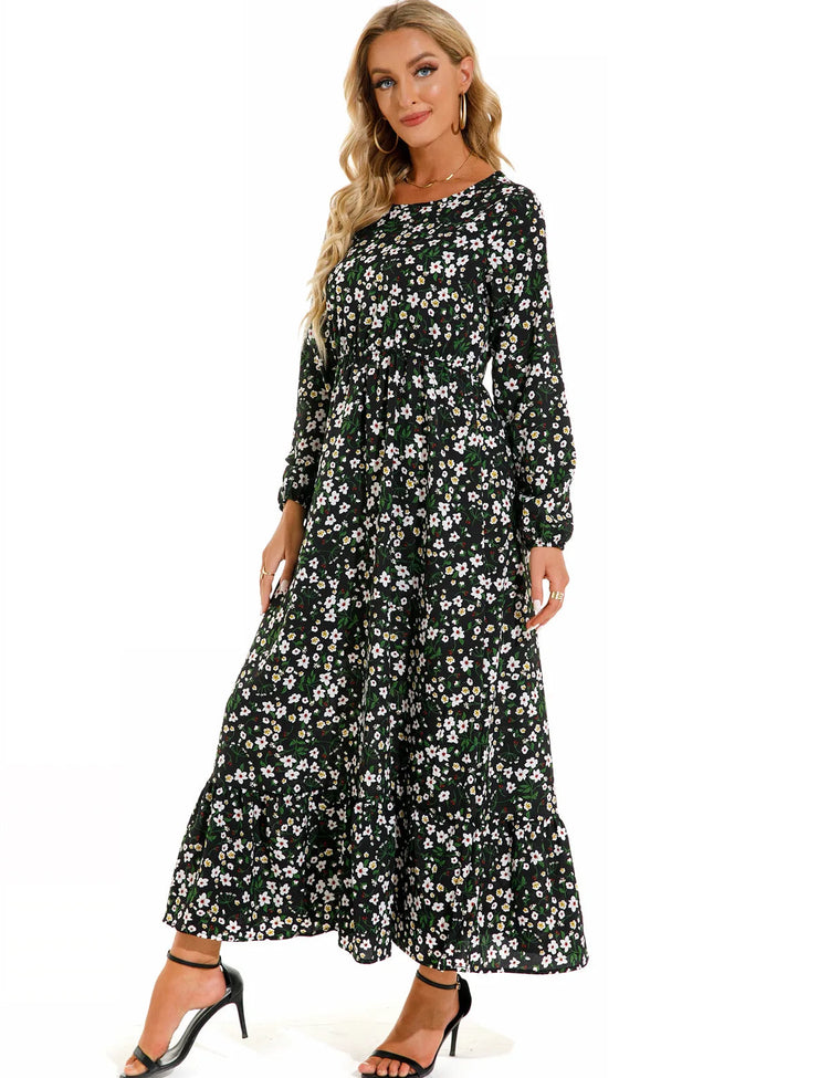 Women Eid Muslim Dresses Tight Waist O Neck Ruffles Spliced Casual Vestidos Flowers Dress Dubai Kaftan Islam Morocco Arab ShedPoundsPortal