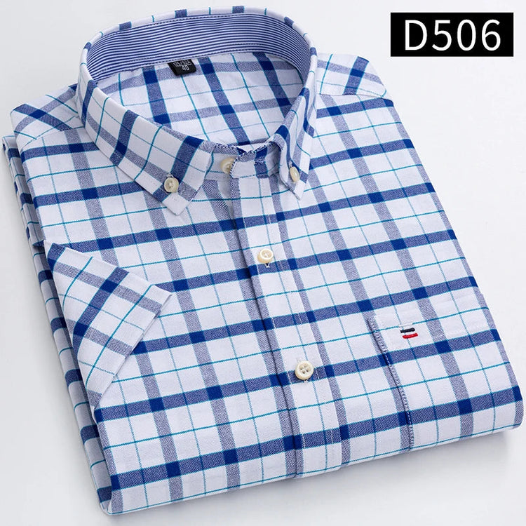 Cotton Fabric Breathable Men Oxford Short Sleeve Summer Plaid Striped Male Shirt Business Regular Fit Oversized Clothes ShedPoundsPortal