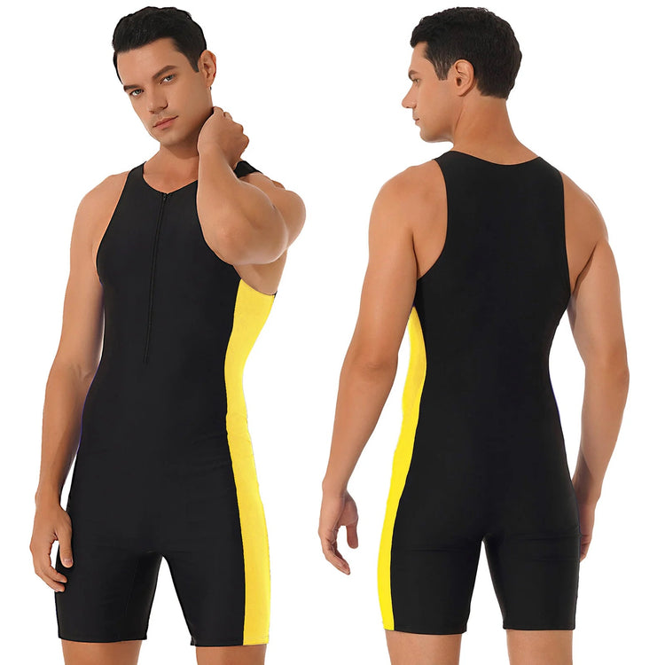 Men One-piece Swimwear Swimming Jumpsuit Patchwork Side Shorts Bodysuit Triathlon Wetsuit for Beach Pool Swimming Bathing Suit ShedPoundsPortal