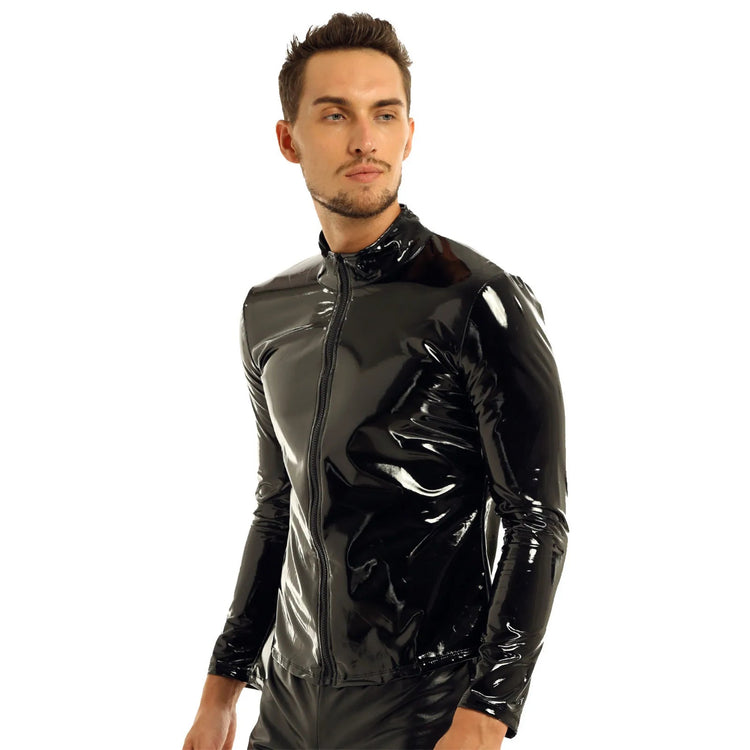 Men Wet Look Patent Leather Coat Long Sleeve Front-Zip Shiny Metallic Tops Fashion Man&