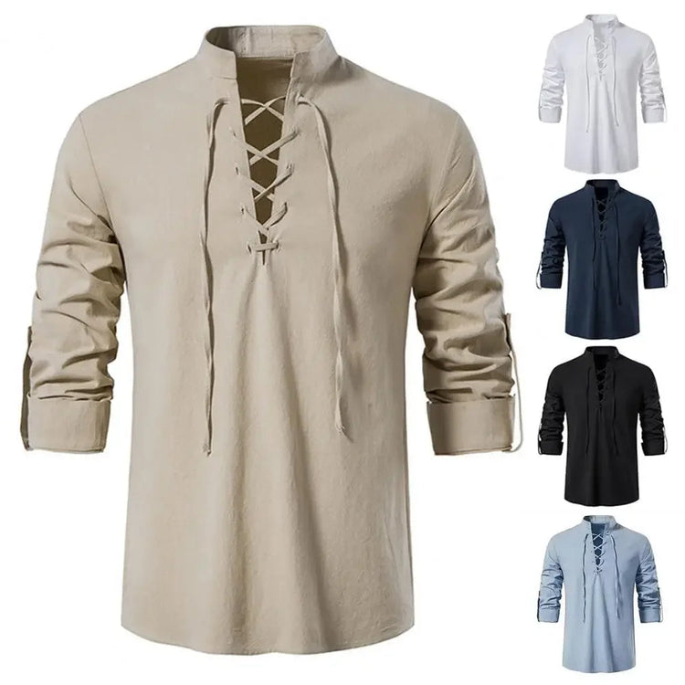 Shirt Cotton Linen Flax Tops Lace Up Long Sleeves Blouse Mens V Neck Medieval Costume Embroidery Tunic Casual Shirt ShedPoundsPortal