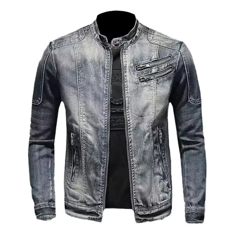 Trendy Stand Collar Zip-Uplapel Motorcycle Denim Jacket Unique Vintage Sports Top For Men Casual Trendy Brand Jacket ShedPoundsPortal