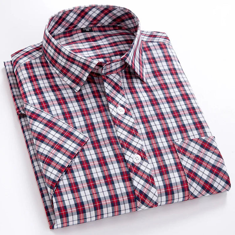 2025 Summer Cotton Plaid Short Sleeve Shirts For Men Plus Size Regular Fit Classic Young England Style Shirts Man&