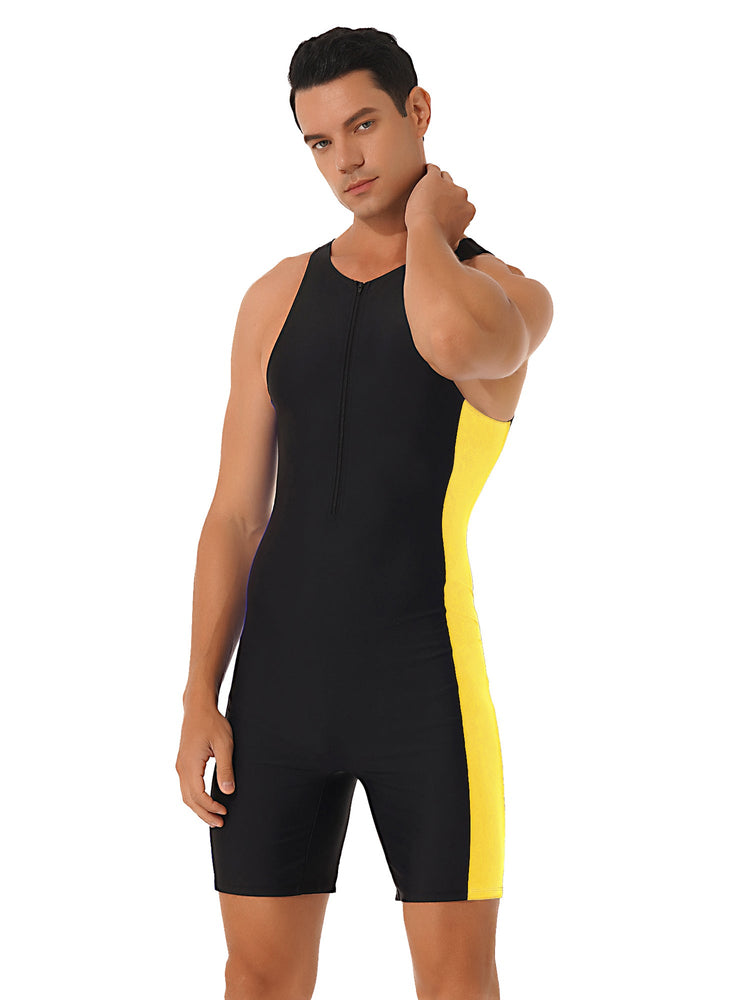 Mens Swimwear One-piece Wetsuit Swimming Bathing Suit Round Neck Sleeveless Side Shorts Bodysuit Triathlon Front Zipper Swimsuit ShedPoundsPortal