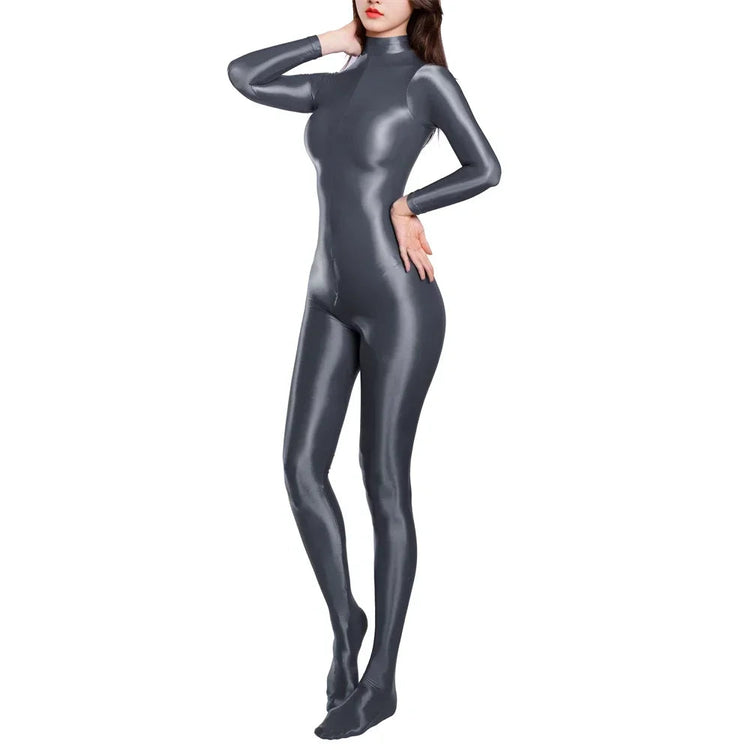 Sexy Women Zipper Full Body Jumpsuit Oil Glossy Sheer Solid Color Tights Bodysuits Long Sleeve Catsuits Smooth Swimsuits Rompers ShedPoundsPortal