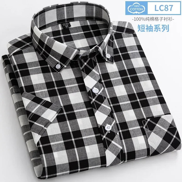 2025 Summer Cotton Plaid Short Sleeve Shirts For Men Plus Size Regular Fit Classic Young England Style Shirts Man&