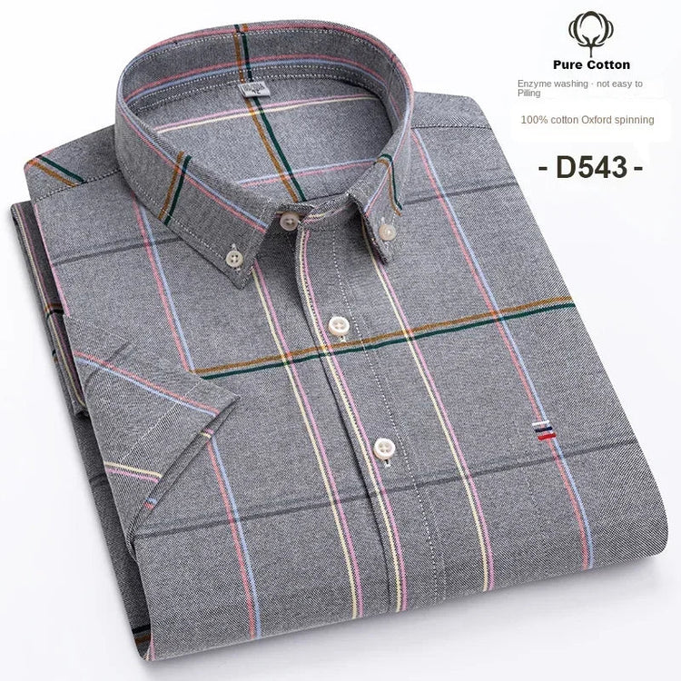 Cotton Fabric Breathable Men Oxford Short Sleeve Summer Plaid Striped Male Shirt Business Regular Fit Oversized Clothes ShedPoundsPortal