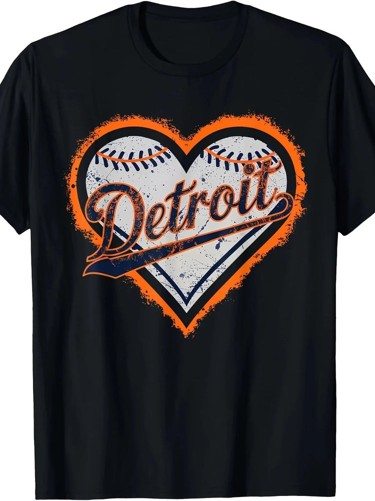 Detroit Heart Graphic T-Shirt 100% Cotton, Casual Crew Neck Short Sleeve, Men’s Fashion, Black with Orange White Baseball Design ShedPoundsPortal