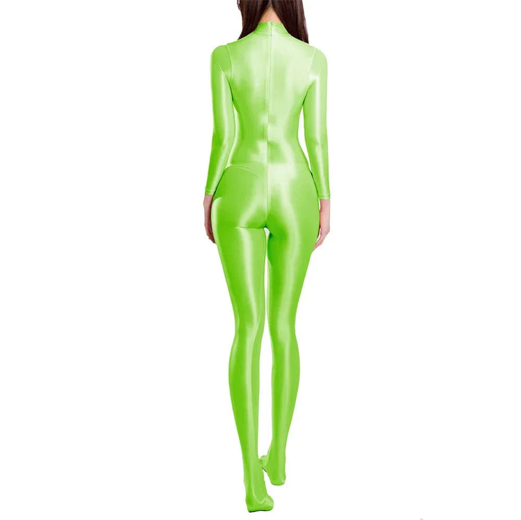 Sexy Women Zipper Full Body Jumpsuit Oil Glossy Sheer Solid Color Tights Bodysuits Long Sleeve Catsuits Smooth Swimsuits Rompers ShedPoundsPortal