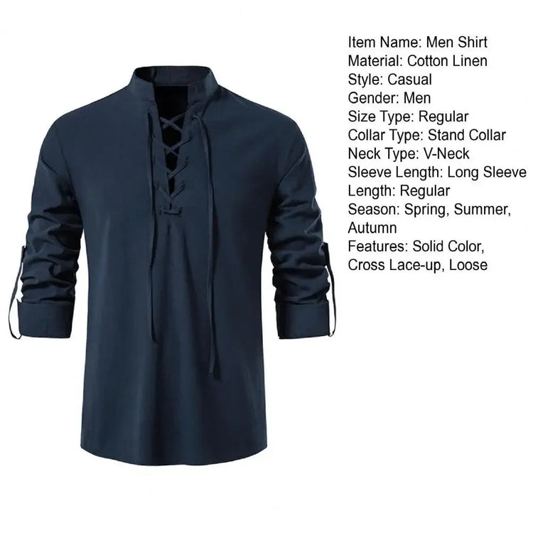 Shirt Cotton Linen Flax Tops Lace Up Long Sleeves Blouse Mens V Neck Medieval Costume Embroidery Tunic Casual Shirt ShedPoundsPortal