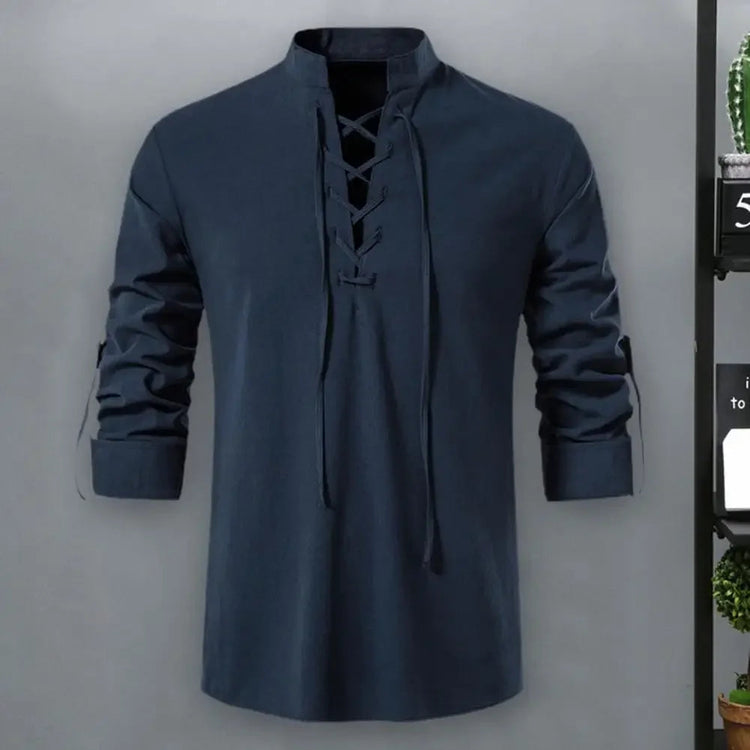 Shirt Cotton Linen Flax Tops Lace Up Long Sleeves Blouse Mens V Neck Medieval Costume Embroidery Tunic Casual Shirt ShedPoundsPortal