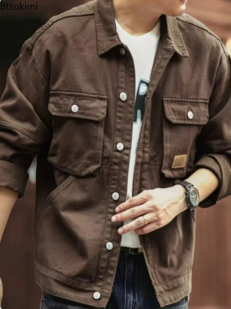 2025 Spring and Autumn New Fashion Solid Color Retro Cargo Jacket Men&