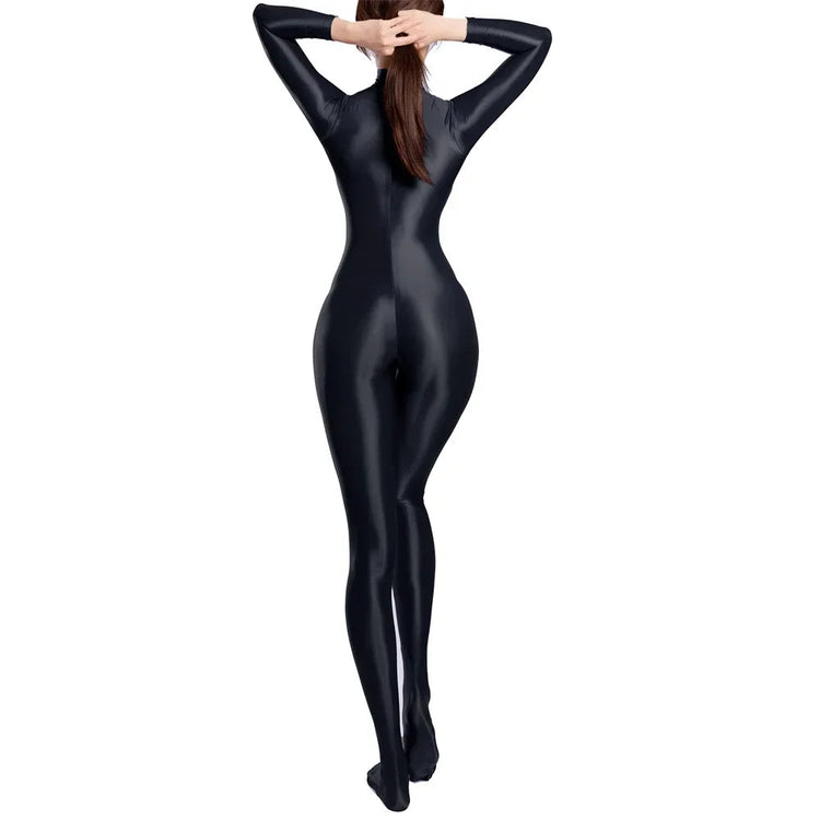Sexy Women Zipper Full Body Jumpsuit Oil Glossy Sheer Solid Color Tights Bodysuits Long Sleeve Catsuits Smooth Swimsuits Rompers ShedPoundsPortal