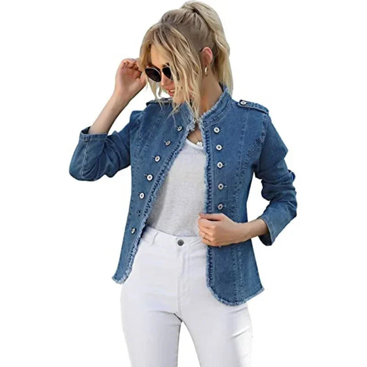 Short Jacket Denim Suit Coat Single-Breasted Stand-up Collar Thin Autumn Jackets Outwear Women Ripped ShedPoundsPortal