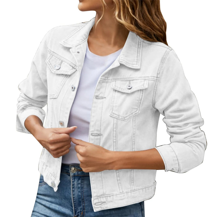 2025 Trend Womens Short Denim Jacket Classic Long Sleeve Boyfriend Jean Jacket Slim Fit Button Down Lapel Denim Coat Outwear ShedPoundsPortal