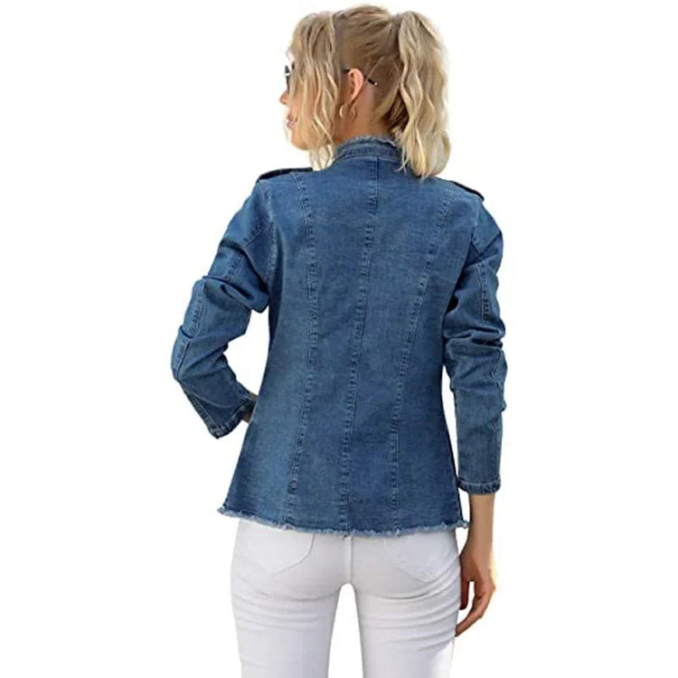 Short Jacket Denim Suit Coat Single-Breasted Stand-up Collar Thin Autumn Jackets Outwear Women Ripped ShedPoundsPortal