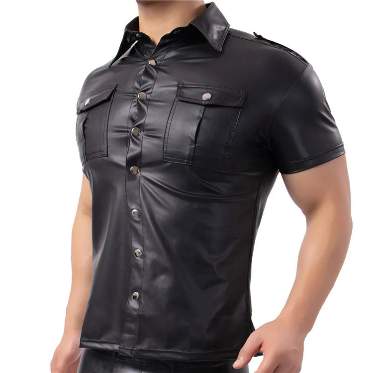 Mens Shirts Faux Leather T Shirts Nightclub Stage Costumes Short Sleeve Button Up Shirt PU Leather Latex Wetlook Dance Clubwear ShedPoundsPortal