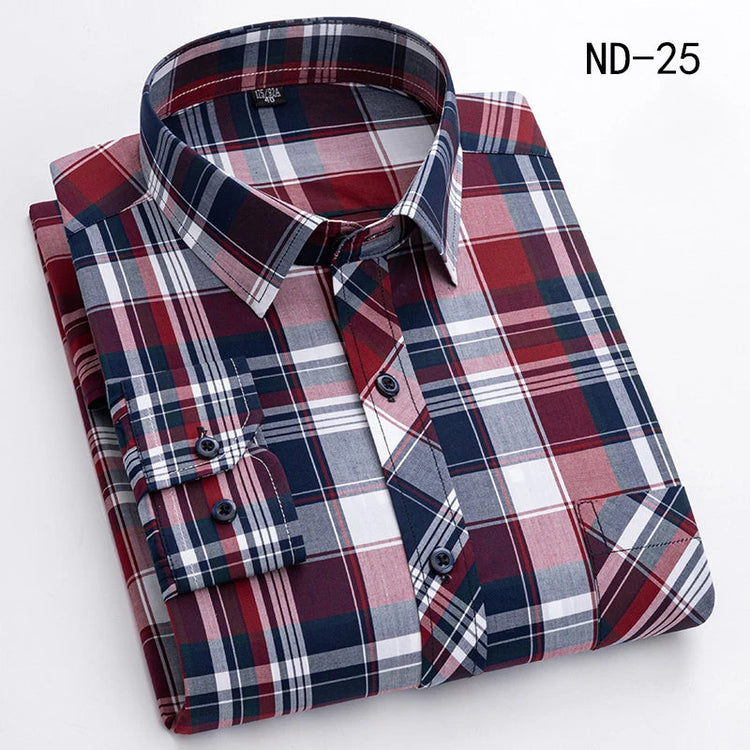 New Cotton Plaid Shirts For Man Long Sleeve Single Pocket Regular Fit Soft Easy Care Classic Dress Casual Shirts Man Clothing ShedPoundsPortal
