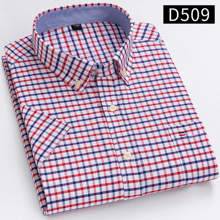 Cotton Fabric Breathable Men Oxford Short Sleeve Summer Plaid Striped Male Shirt Business Regular Fit Oversized Clothes ShedPoundsPortal