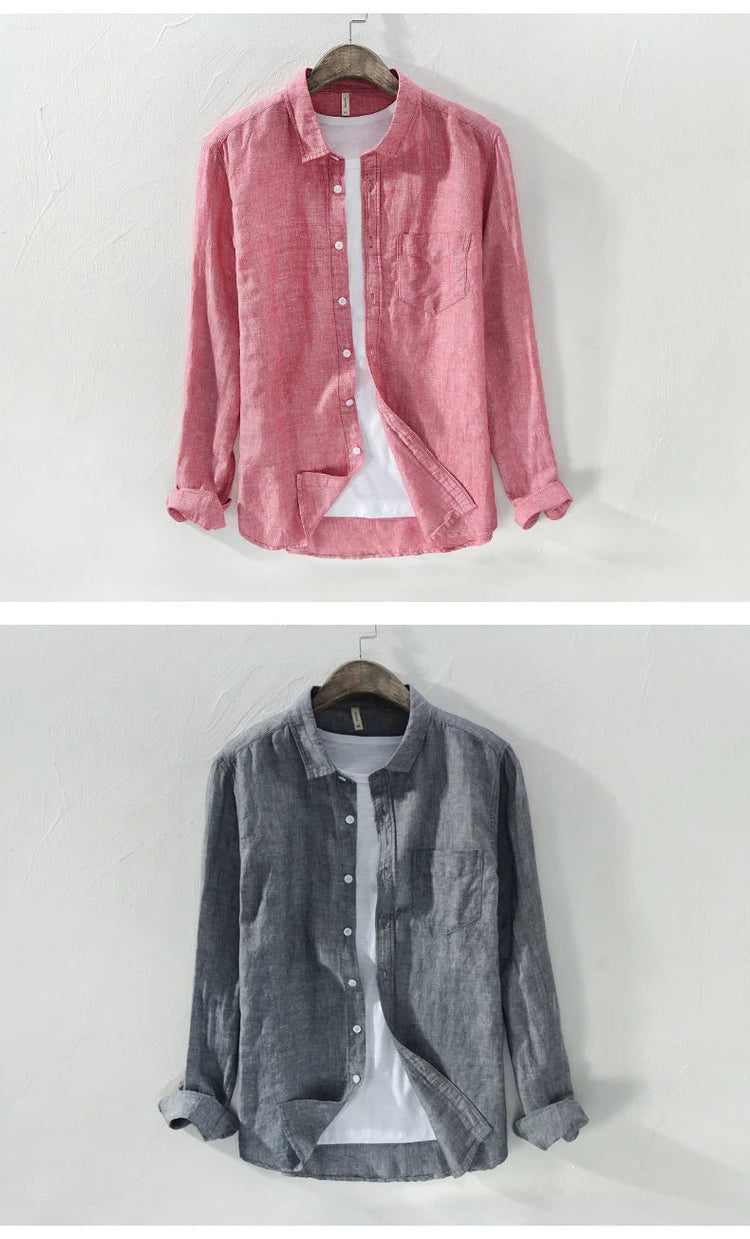 Mens Cotton Linen Shirt Breathable Casual Solid Colors Loose Turn-down Collar Long Sleeve Button Down Blouse Tops Shirts For Man ShedPoundsPortal