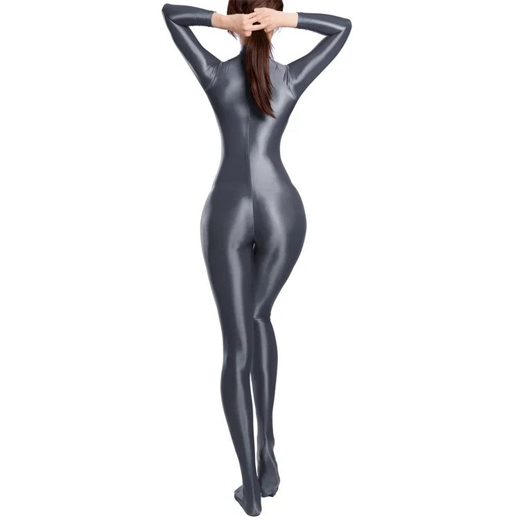 Sexy Women Zipper Full Body Jumpsuit Oil Glossy Sheer Solid Color Tights Bodysuits Long Sleeve Catsuits Smooth Swimsuits Rompers ShedPoundsPortal